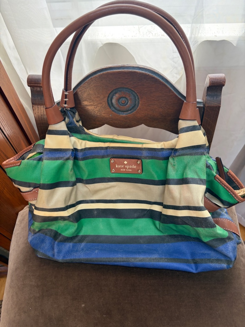 kate spade Striped Canvas Messenger Bag in Green, Blue and Cream